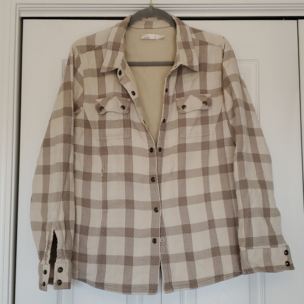 Prana cream and taupe plaid shacket size xl euc